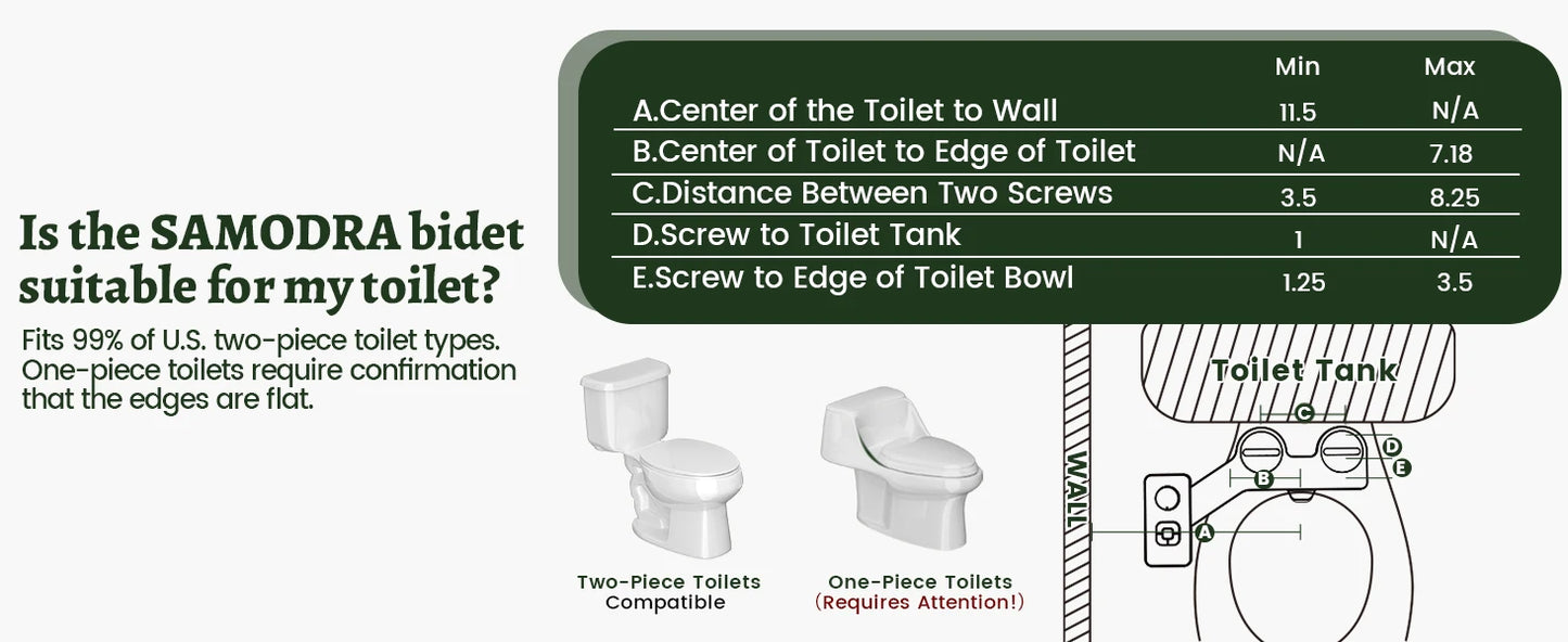 Guide d'installation du bidet SAMODRA : compatibilité avec toilettes 2 pièces et mesures nécessaires