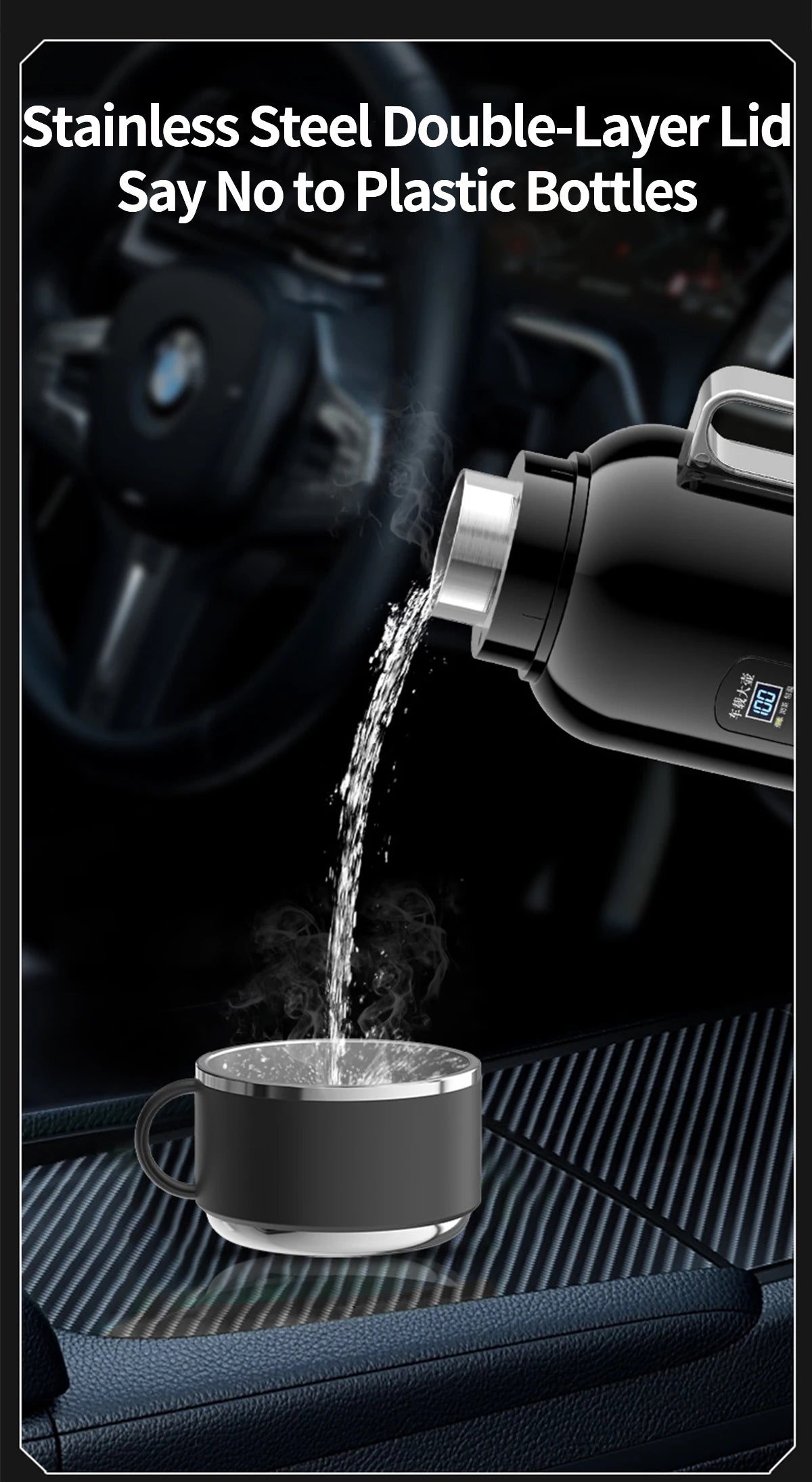 Gourde thermos acier inoxydable double paroi, versement dans tasse voiture, sans plastique
