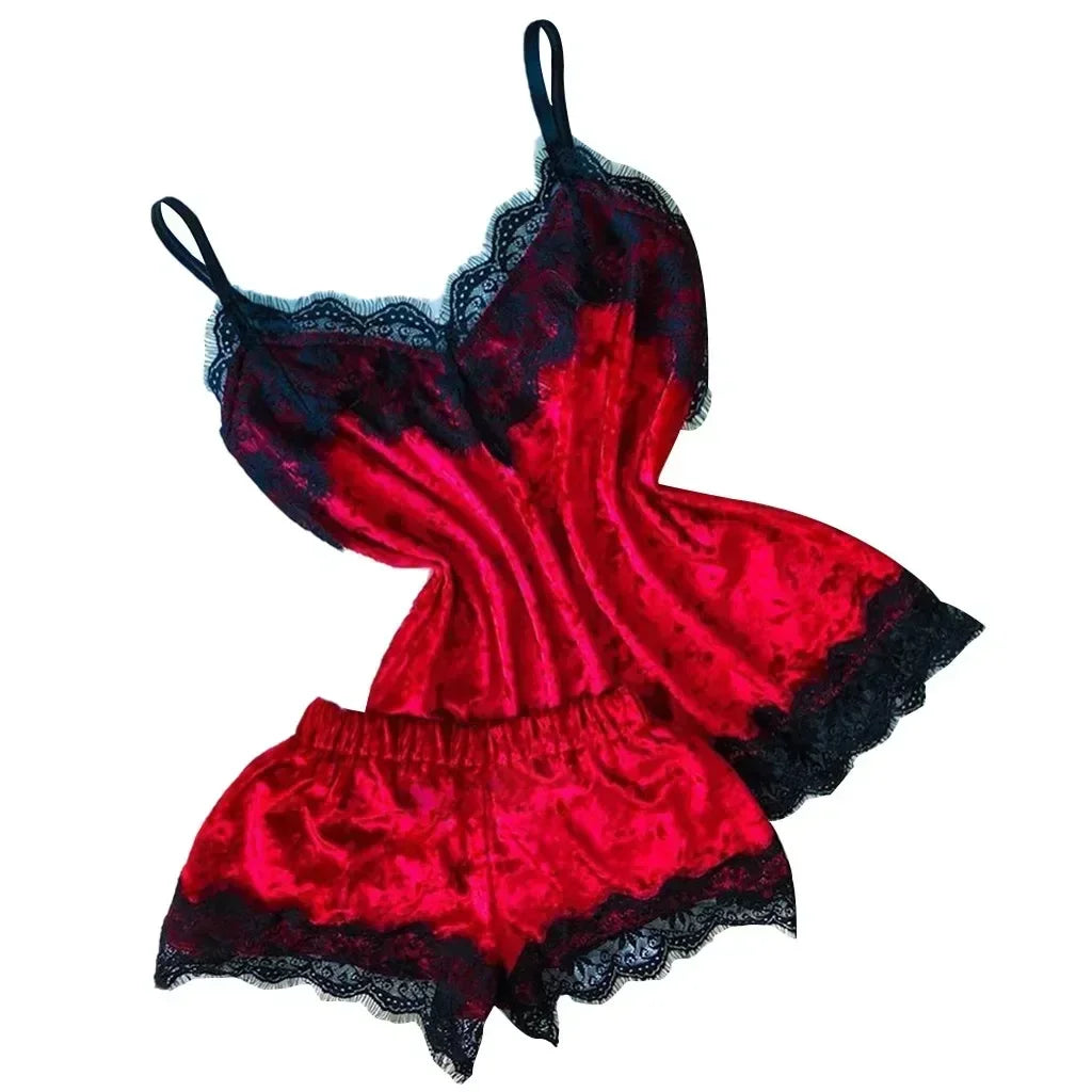 Été déshabillé en dentelle Sexy Satin pyjamas ensemble femmes chemise de nuit 2 pièces haut court et ensemble short et haut Homewear vêtements de détente