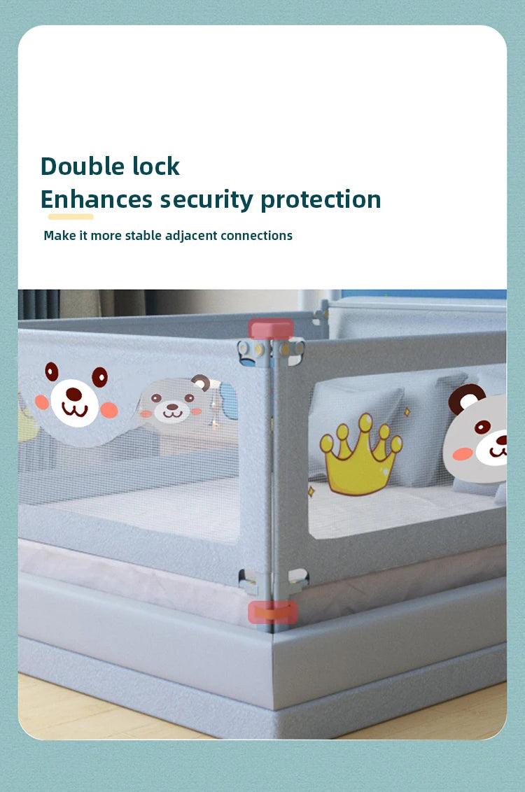 Barrière de lit bébé avec double verrouillage, motifs ours et couronne, sécurité renforcée pour enfant