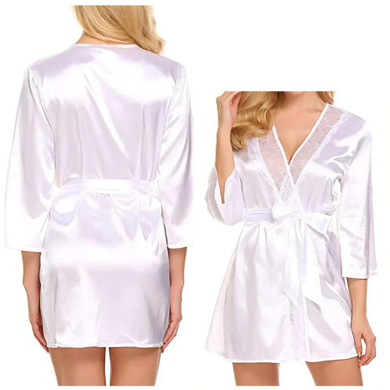 Robe de Nuit Sexy en Satin et Dentelle pour Femme, Chemise Courte, Kimono, Peignoir, Lingerie, Douce, Confortable, Noire, Grande Taille