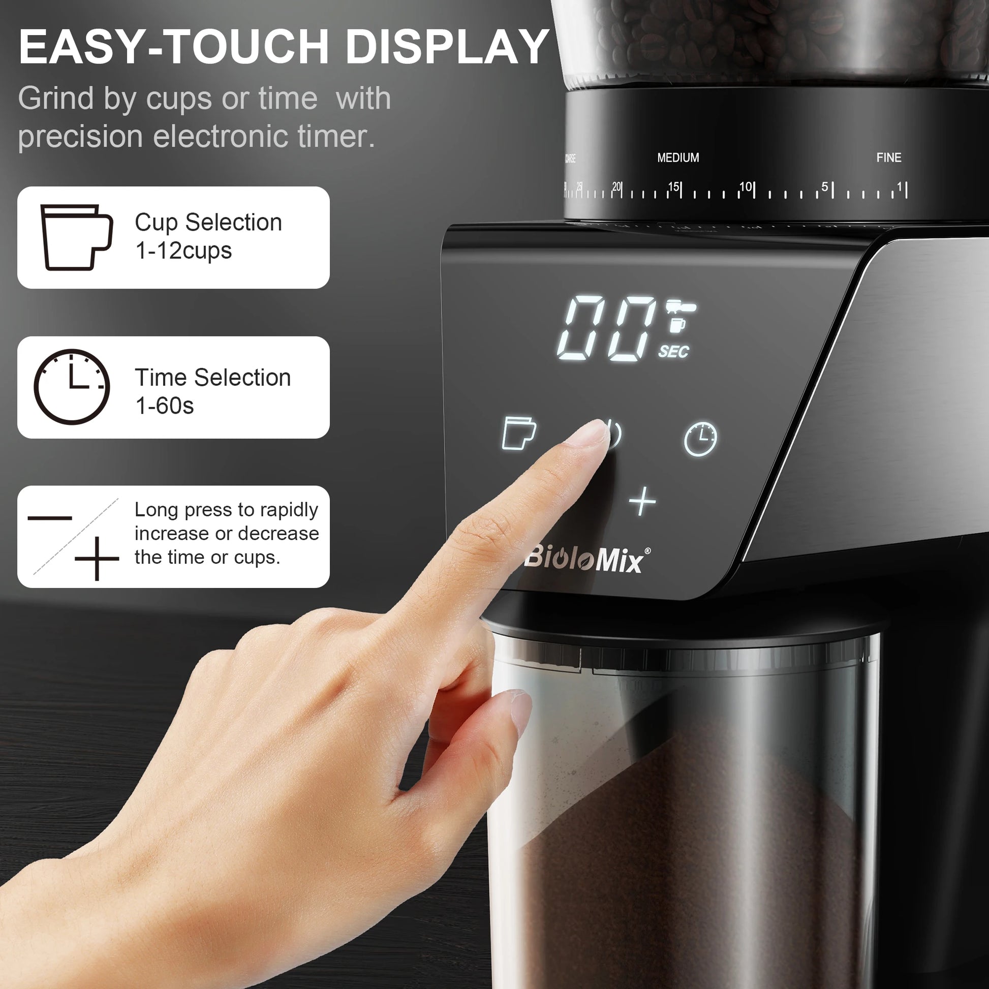 Moulin à café électrique BioloMix avec écran tactile, réglage par tasses ou temps, mouture fine à grossière