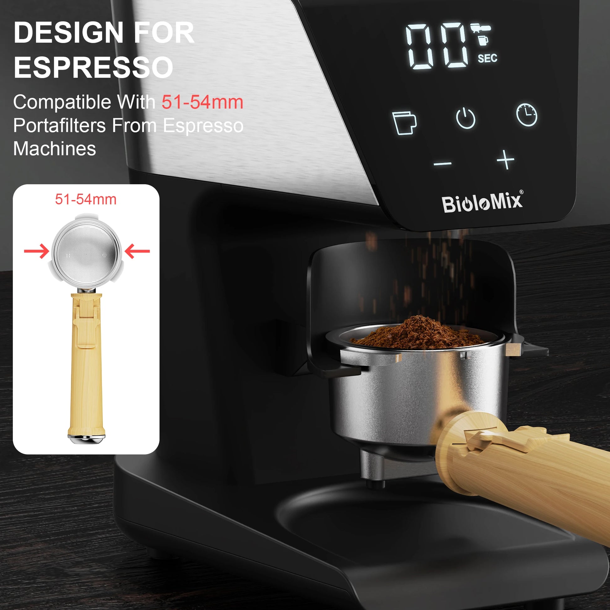 Moulin à café électrique BioloMix avec broyage précis pour portafiltres 51-54mm, idéal espresso