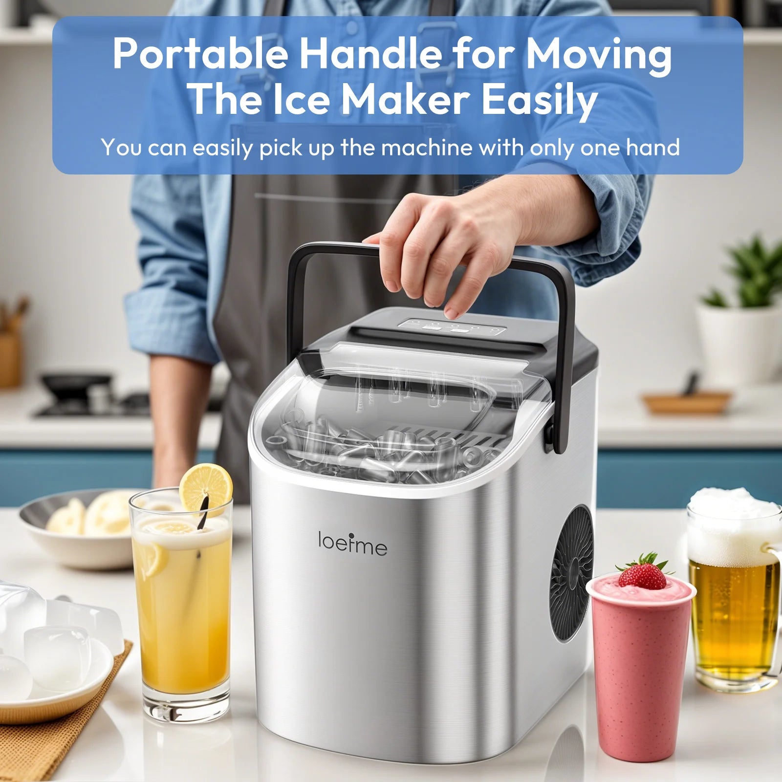 Machine à glaçons portable avec poignée, idéale pour boissons fraîches en cuisine