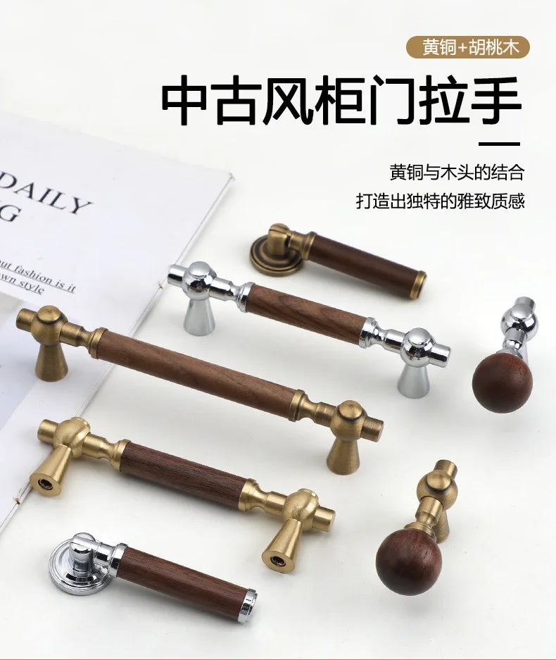 Nouvelle poignée de porte d'armoire en noyer de style chinois – Bouton rond monotrou en laiton et bois nordique en or pour tiroirs et meubles