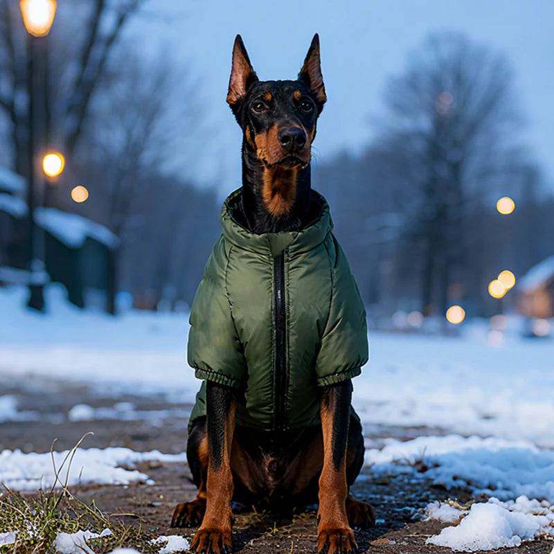Doberman en manteau d'hiver vert dans la neige, vêtement chaud pour chien