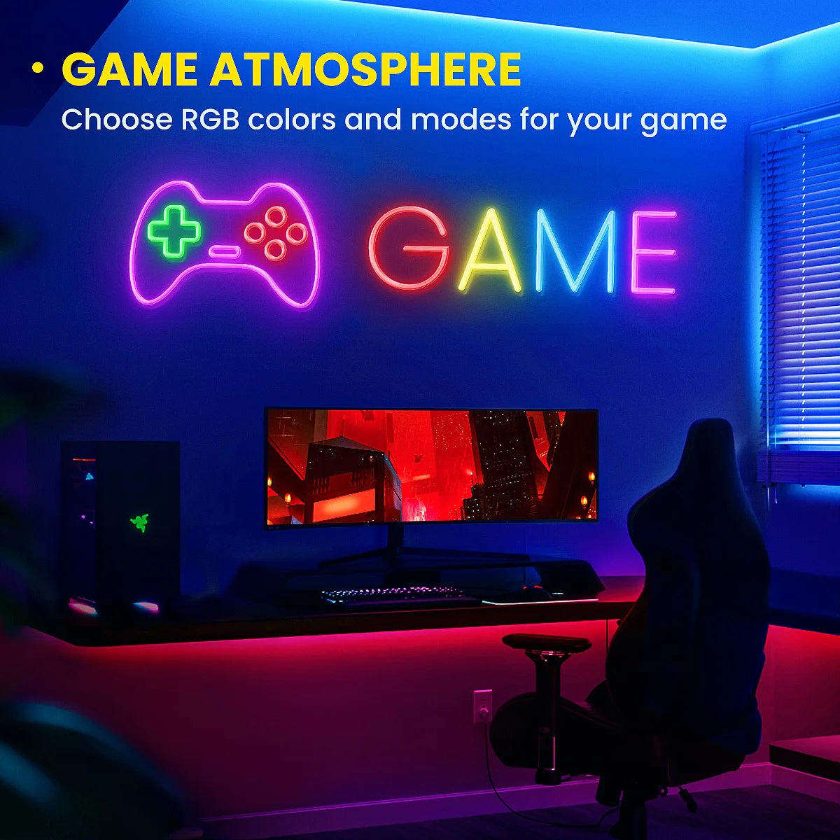 Enseigne néon RGB manette et mot GAME pour ambiance gaming, éclairage coloré et décor mural