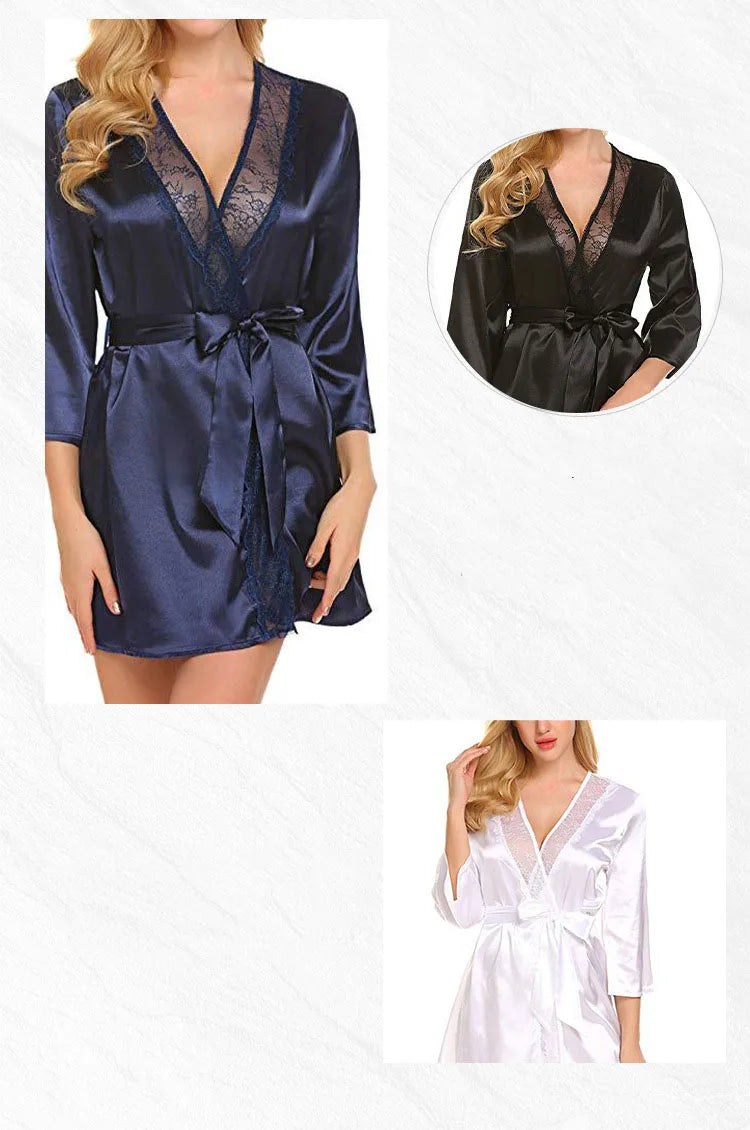 Robe de Nuit Sexy en Satin et Dentelle pour Femme, Chemise Courte, Kimono, Peignoir, Lingerie, Douce, Confortable, Noire, Grande Taille