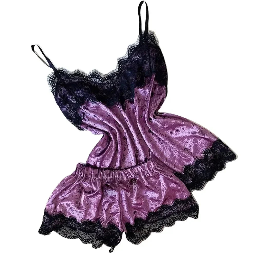 Été déshabillé en dentelle Sexy Satin pyjamas ensemble femmes chemise de nuit 2 pièces haut court et ensemble short et haut Homewear vêtements de détente