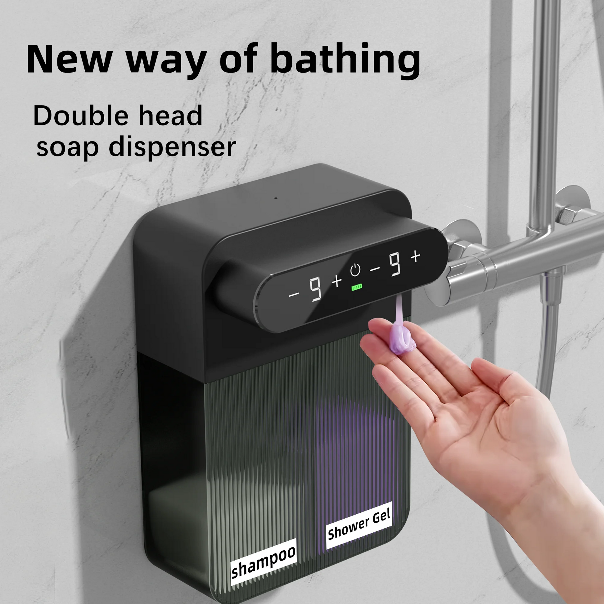 Distributeur double tête pour shampoing et gel douche, design moderne pour salle de bain
