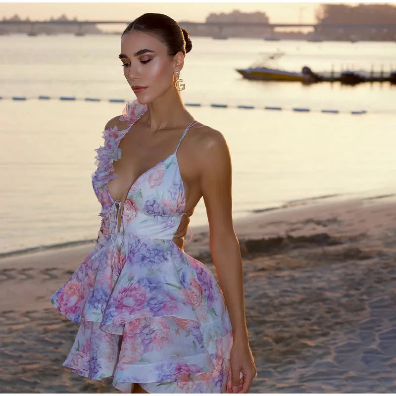 Femmes cravate-teinture 3D fleur col en V pleine sans manches Mini robes mode mince imprimé plusieurs plis robes nouvelle dame vêtements de vacances