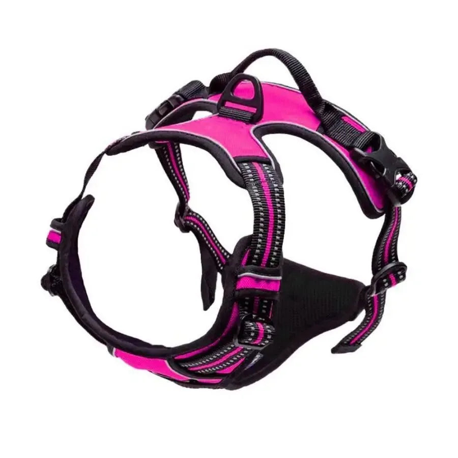 Harnais rose vif et noir pour chien, ajustable et confortable, idéal pour promenade et sécurité