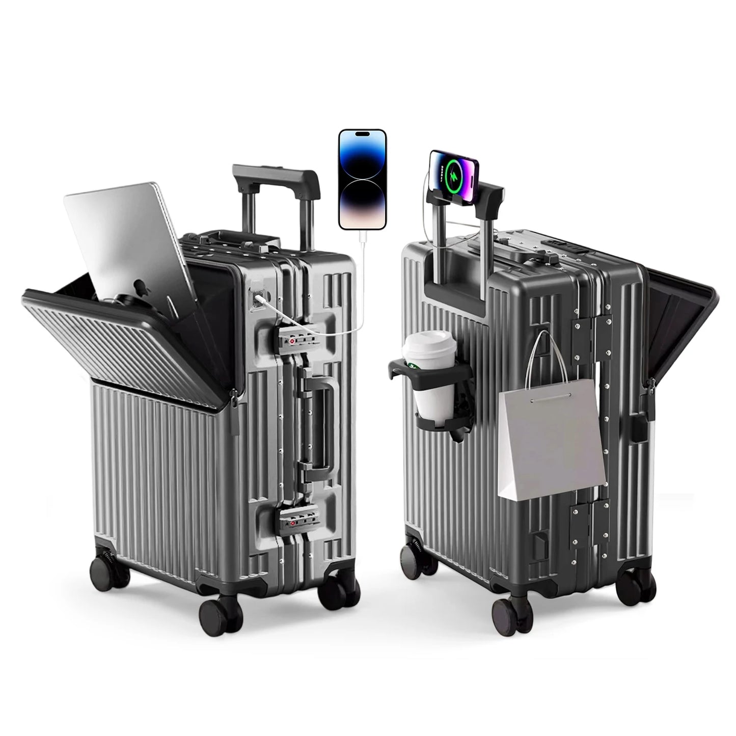 Valise rigide AIWEINY avec cadre en aluminium léger, 360 °   Valise de voyage/sur roulettes silencieuses, avec serrure TSA, avec port USB, 20/24/27 pouces