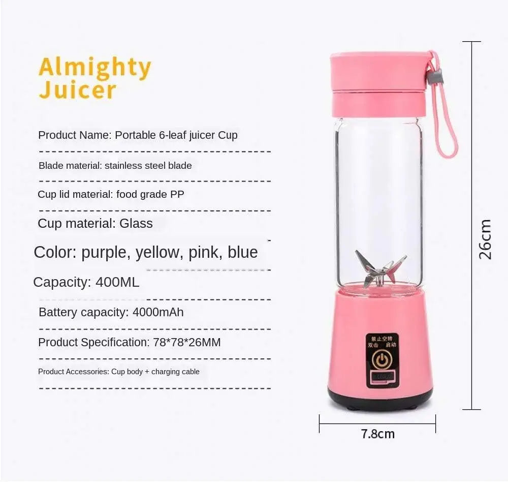 Extracteur de jus portable rose 400ml, lame inox, verre, 4000mAh, idéal pour smoothies et jus frais