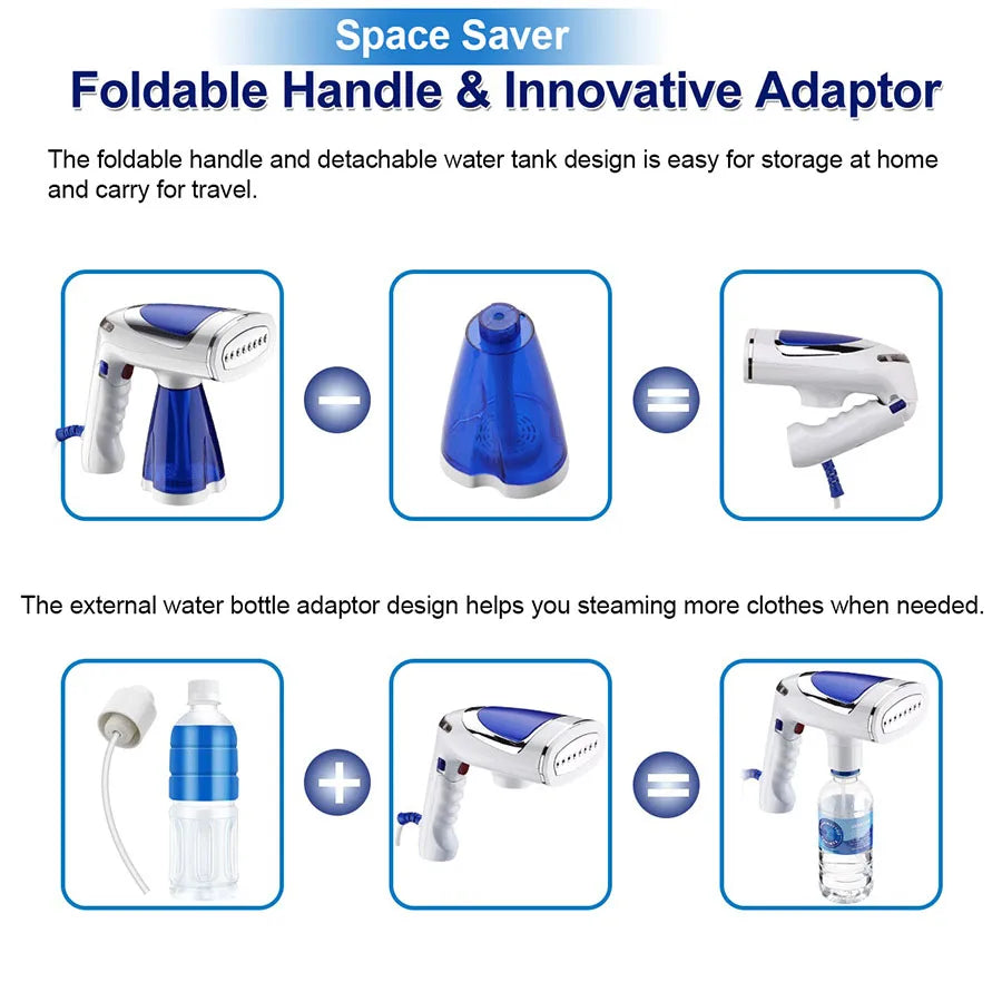 Vaporisateur de vêtements pliable avec réservoir amovible et adaptateur bouteille d'eau pour voyage et rangement