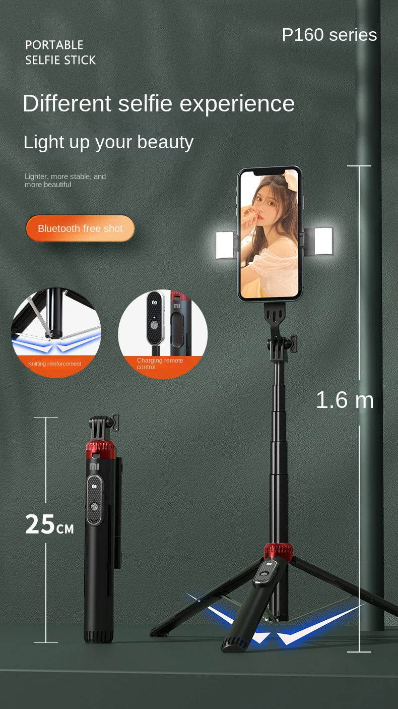 Trépied perche à selfie P160 de 1.6 m, support de téléphone portable rétractable en alliage d'aluminium avec Bluetooth aste pour IOS Android