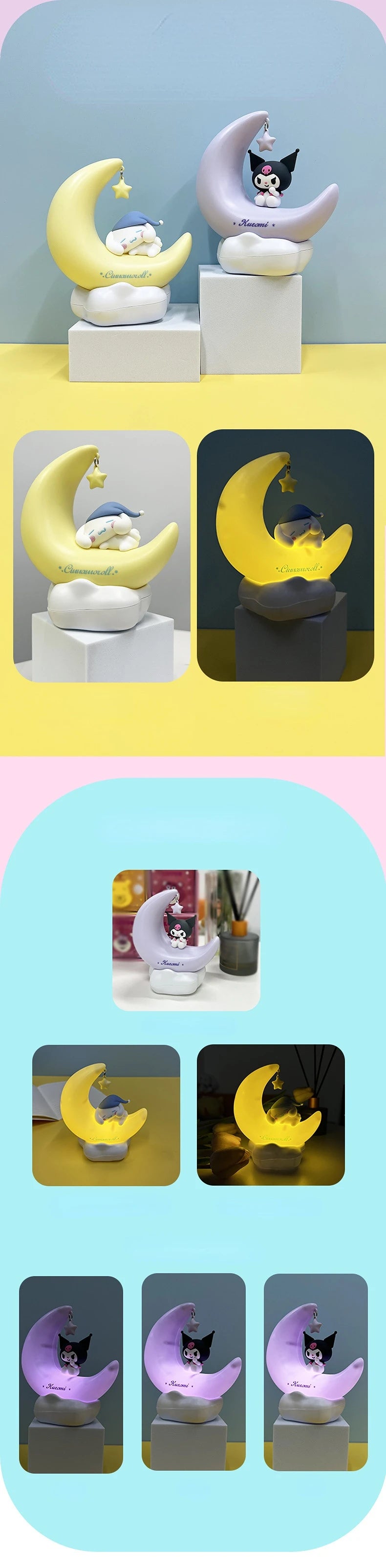Lampe veilleuse lune Cinnamoroll et Kuromi, lumière douce pour chambre enfant, design mignon et coloré