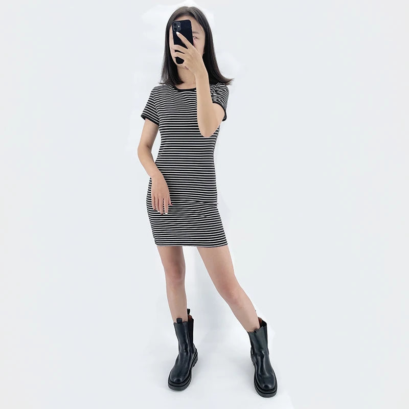 Robe d'été à manches courtes, col rond, à rayures noires et blanches, décontractée, élégante, fourreau, Slim, Stock