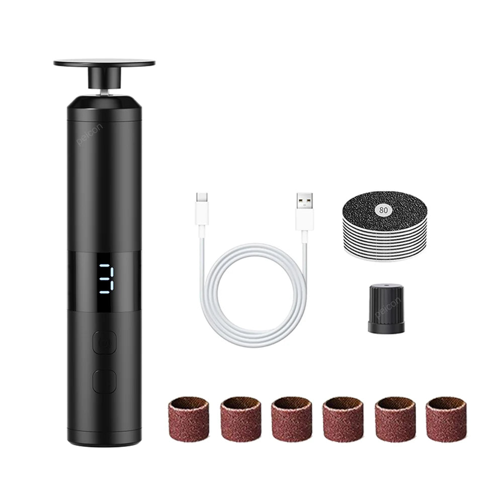 Gadget high-tech noir avec écran numérique, câble USB et accessoires abrasifs pour usage précis