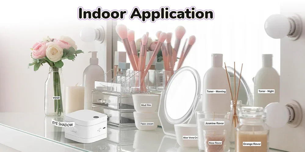 Gadget high-tech pour salle de bain avec accessoires cosmétiques et parfums, usage intérieur