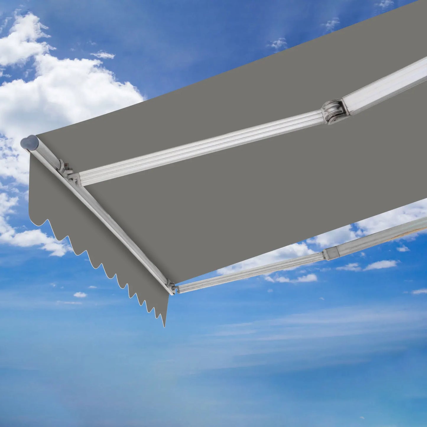 Auvent extérieur gris avec structure en aluminium, idéal pour terrasse ou balcon, protection solaire et pluie