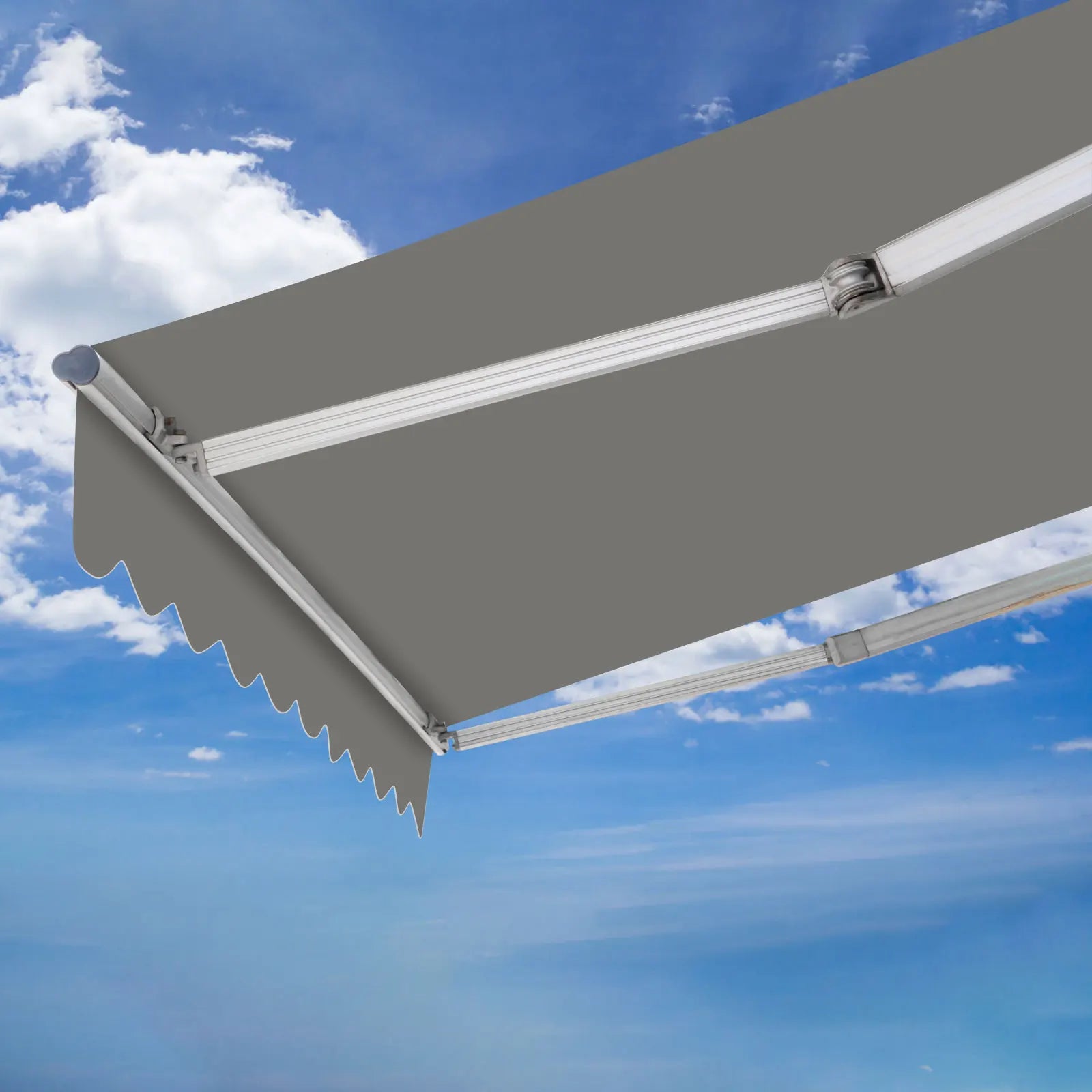Auvent extérieur gris avec structure en aluminium, idéal pour terrasse ou balcon, protection solaire et pluie