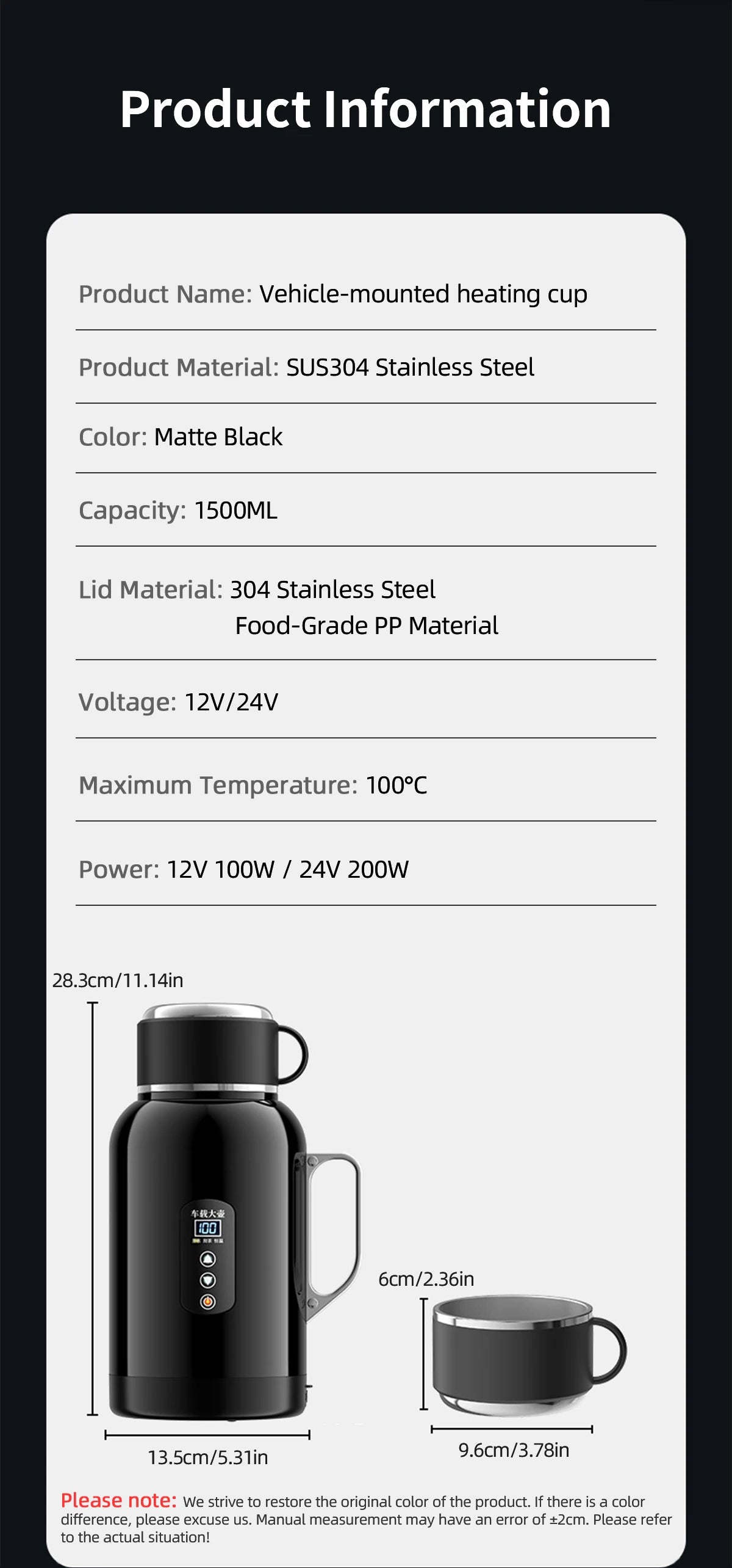Gobelet chauffant pour voiture 1500ml en acier inoxydable SUS304, noir mat, 12V/24V, chauffe jusqu'à 100°C