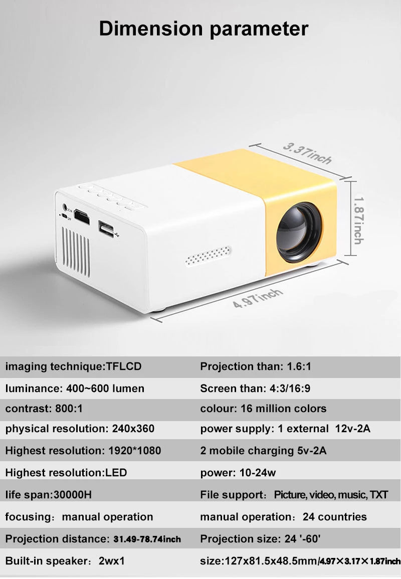 Mini vidéoprojecteur portable TFLCD 1080p, 600 lumens, avec haut-parleur intégré et charge USB