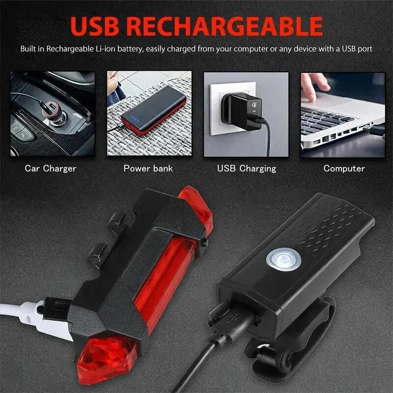 Feux vélo USB rechargeable, charge via chargeur auto, power bank, prise ou ordinateur, batterie Li-ion intégrée