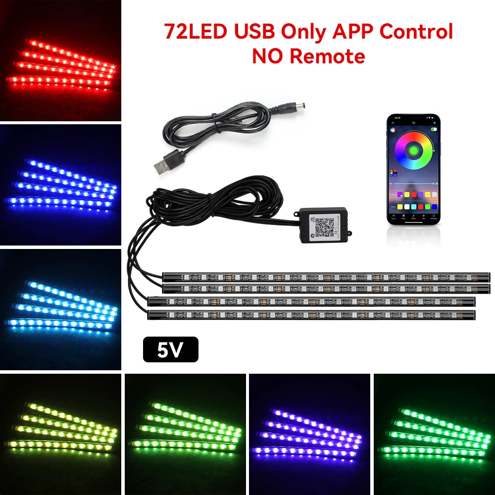 Kit de lumière d'ambiance pour intérieur de voiture, néon 36 48 72 LED, rétro-éclairage, application à distance, contrôle de la musique, lampe décorative d'ambiance RGB automatique