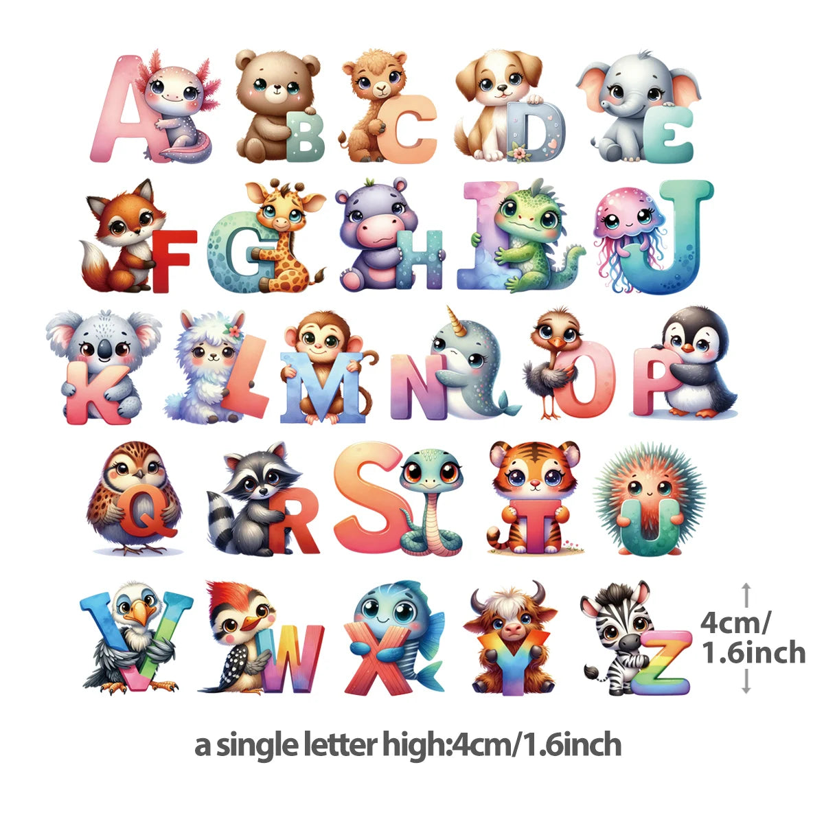 Stickers alphabet animaux mignons pour enfants, lettres colorées 4 cm, décoration éducative et ludique