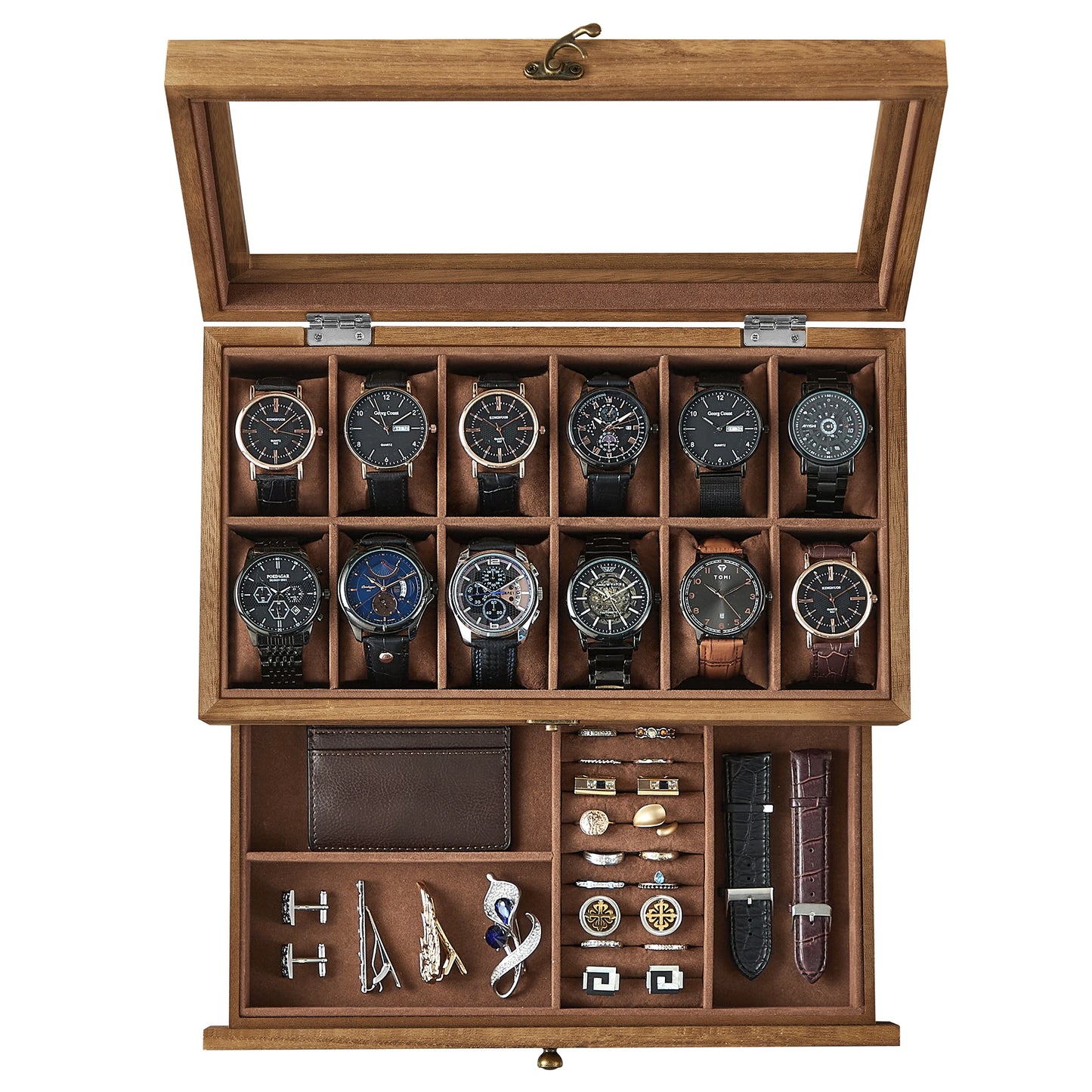 Boîte en bois pour montres et accessoires, rangement élégant avec vitrine, compartiments pour bracelets et bijoux