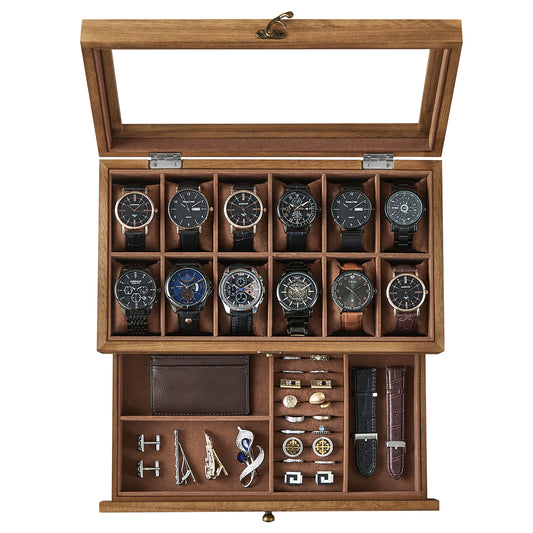 Boîte en bois pour montres et accessoires, rangement élégant avec vitrine, compartiments pour bracelets et bijoux