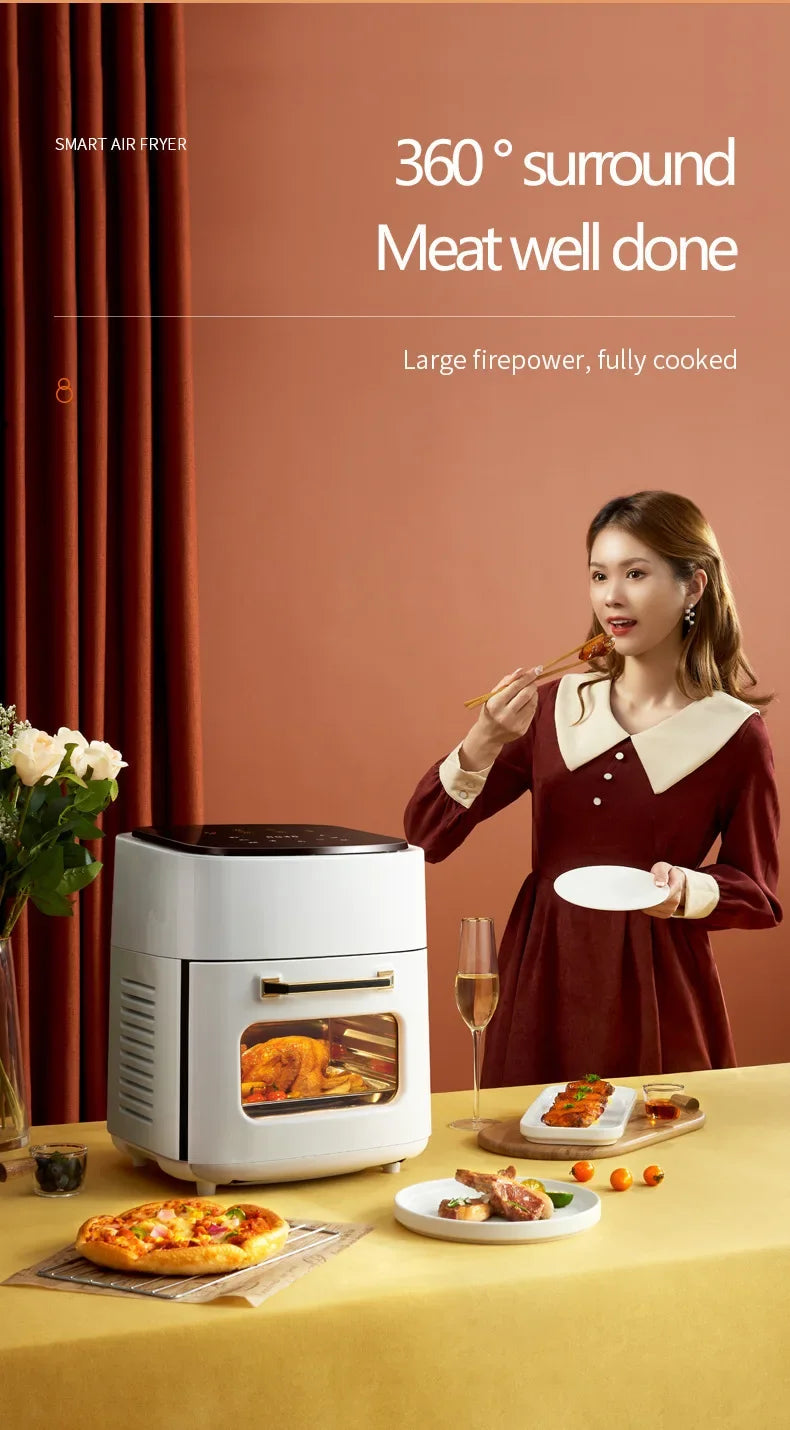 Friteuse à air chaud intelligente avec cuisson 360°, viande bien cuite, pizza et repas sur table