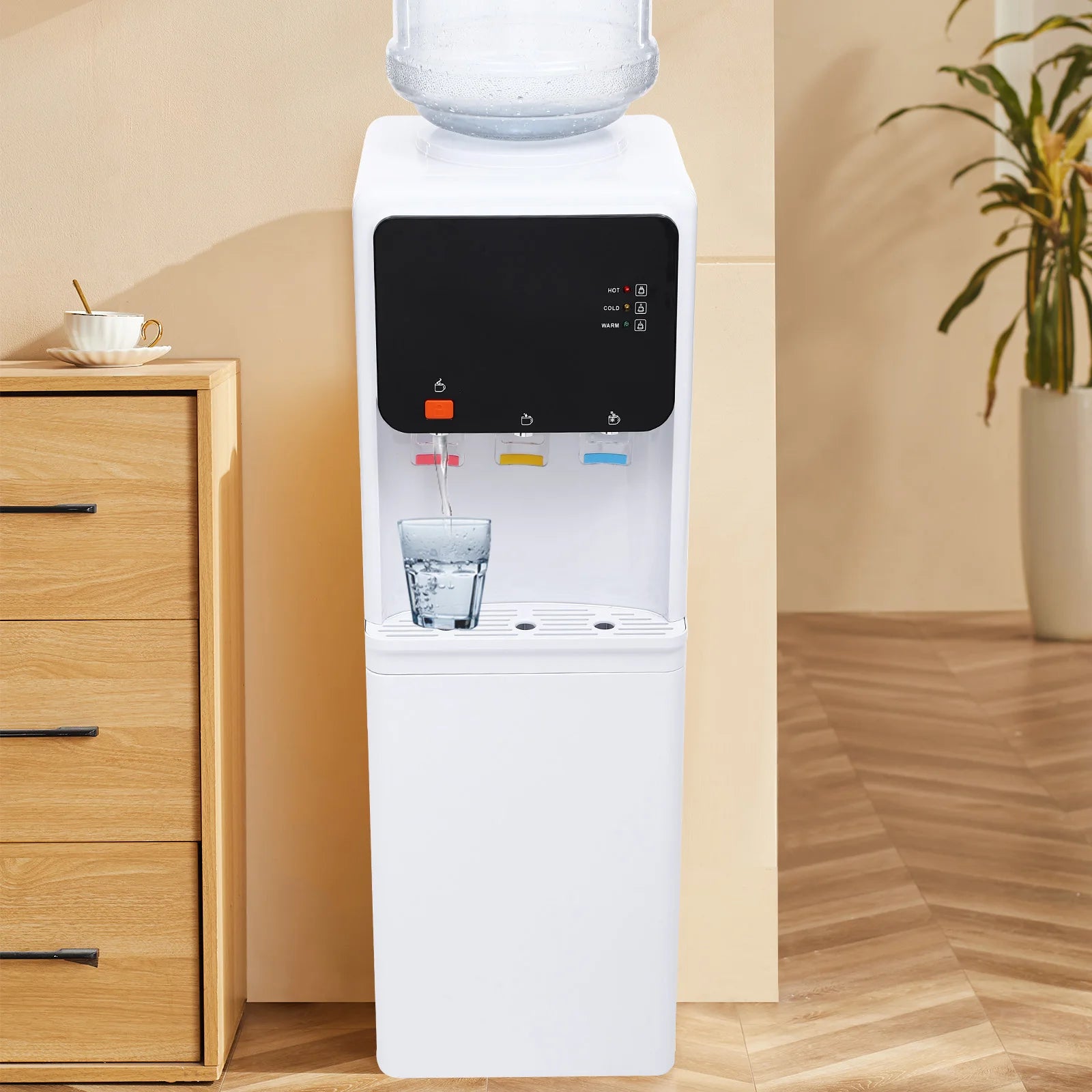Distributeur d'eau chaud/froid avec réservoir, idéal pour bureau ou maison, design moderne et compact