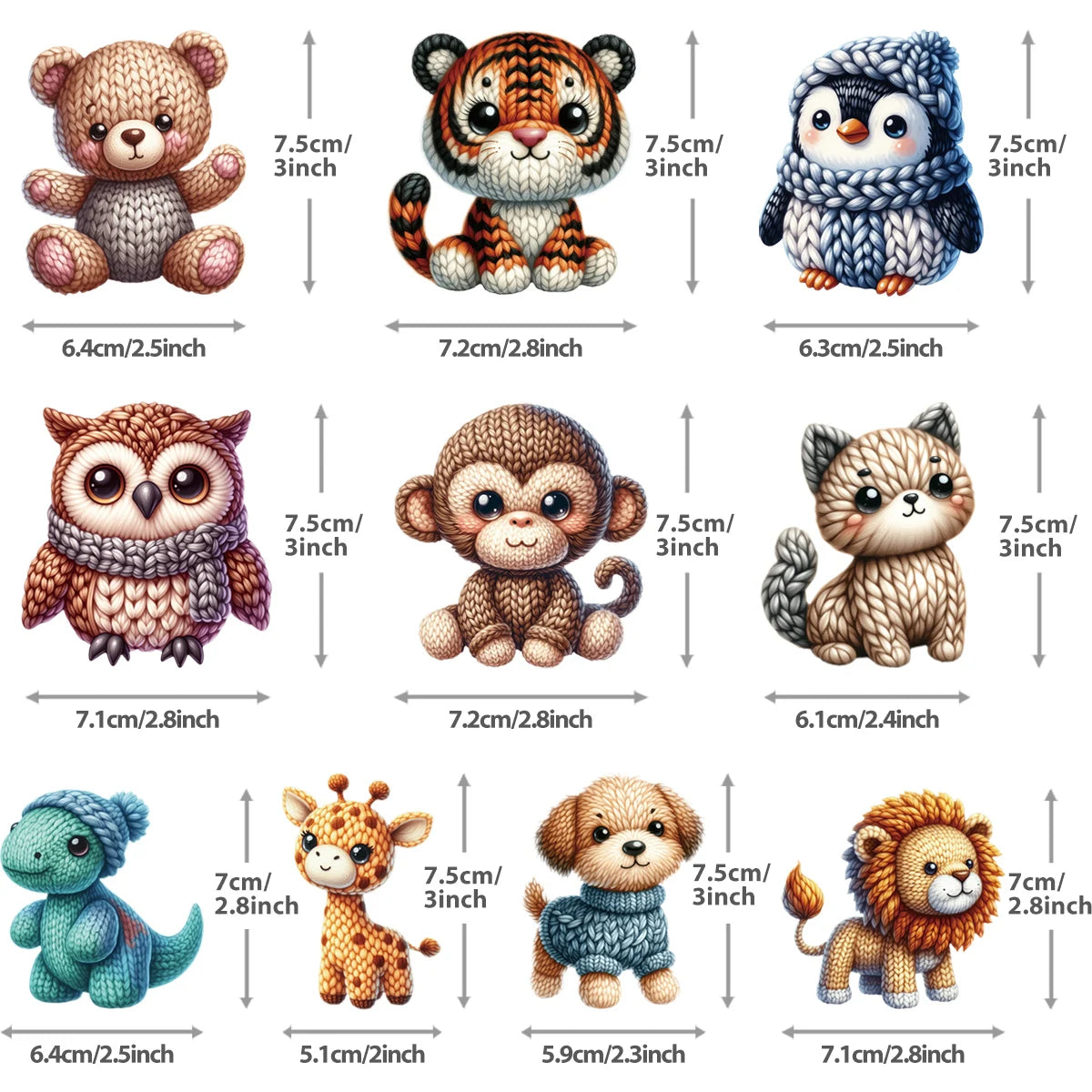 Collection de peluches tricotées animaux mignons avec dimensions, idéales cadeaux enfants