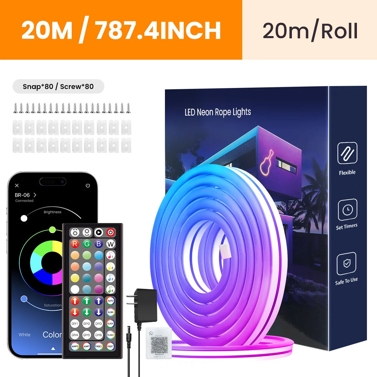 Guirlande LED néon flexible 20m, contrôle RGB via appli et télécommande, idéale décoration intérieur/extérieur