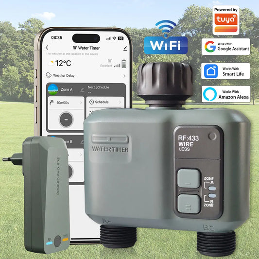Programmateur d'arrosage automatique Tuya Wifi+RF433 à 2 prises pour l'extérieur, arrosage précis et programmable
