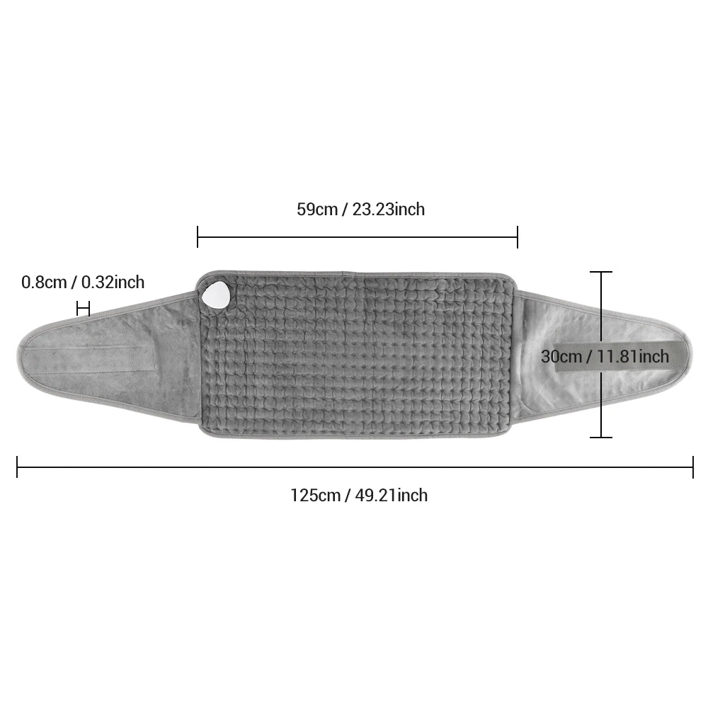 Tapis de siège chauffant gris avec dimensions détaillées, idéal pour confort auto ou bureau