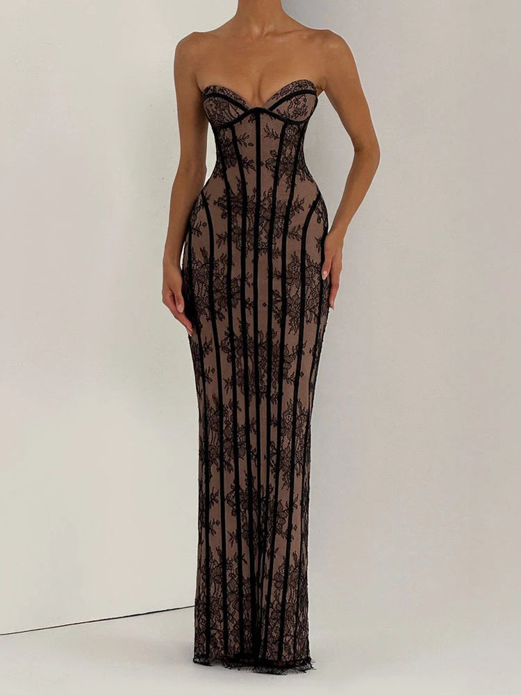 Robe longue chic en gaze sans bretelles, dos nu, épaules dénudées, imprimée, patchwork, slim, pour femme, soirée, 2026