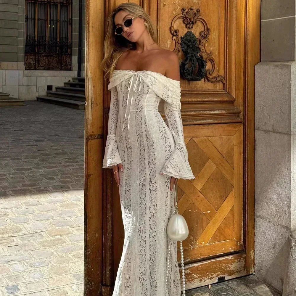 Suninheart Robe Longue Blanche Épaules Dénudées pour Événements - Robe de Soirée Rouge Manches Longues en Dentelle Élégante 2025 - Robe de Mariage Luxueuse, Robe de Bal pour Femmes