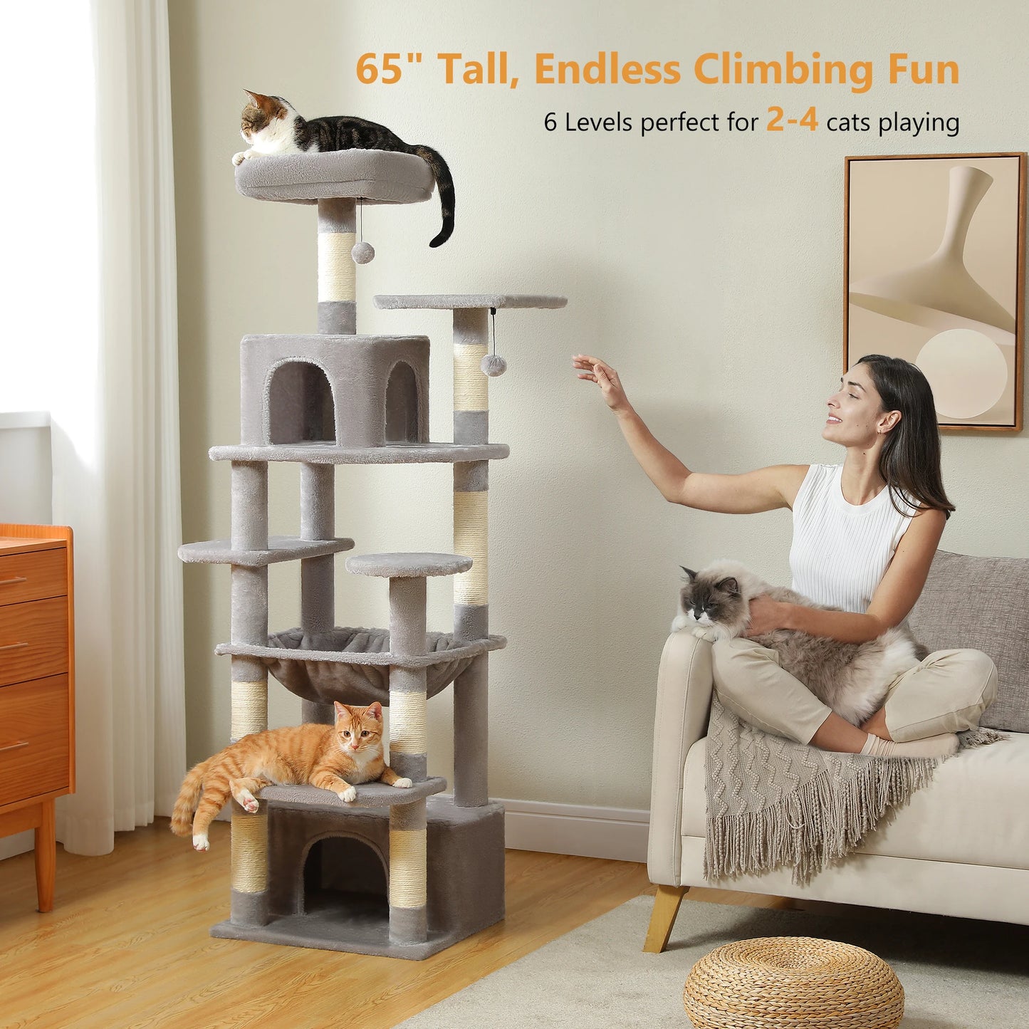Arbre à chat gris 65 pouces, 6 niveaux pour 2-4 chats, griffoirs et plateformes, jeu et repos pour chats