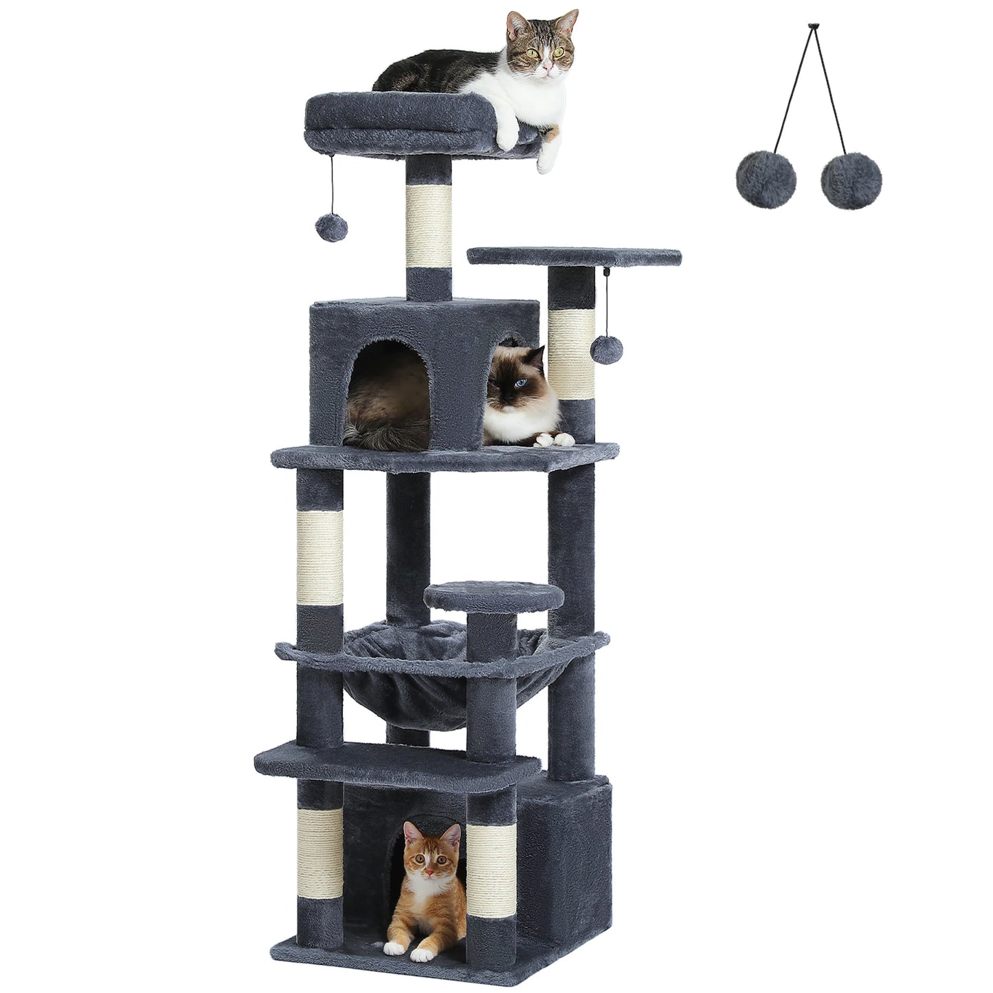 Arbre à chat gris avec plateformes, griffoirs et niches pour chats, jouets inclus