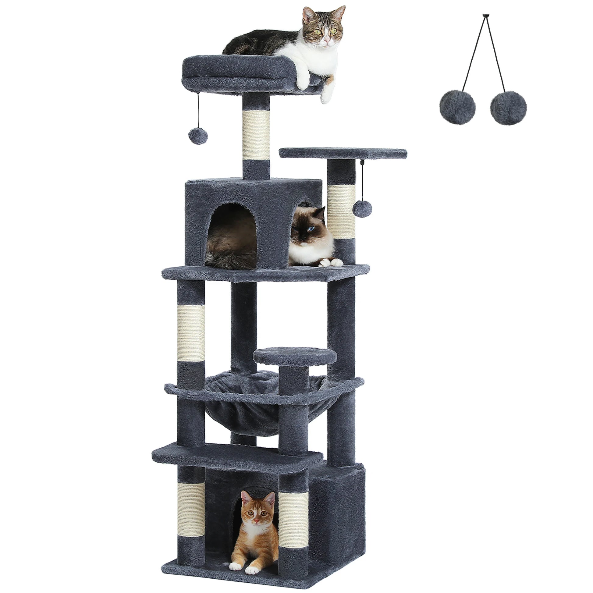 Arbre à chat gris avec plateformes, griffoirs et niches pour chats, jouets inclus