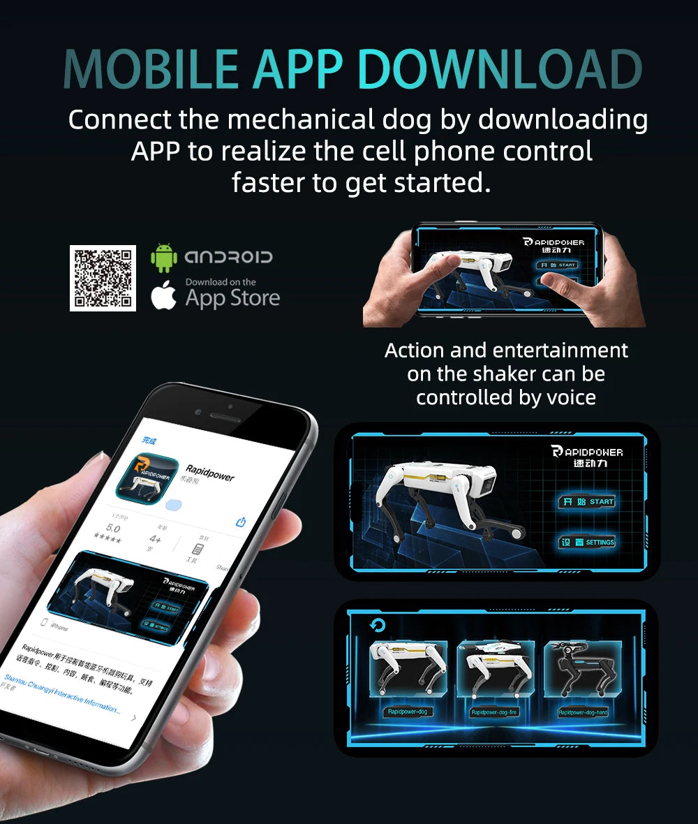 Application mobile pour contrôler un chien robotique via smartphone, compatible Android et iOS, avec commande vocale et modes de jeu.