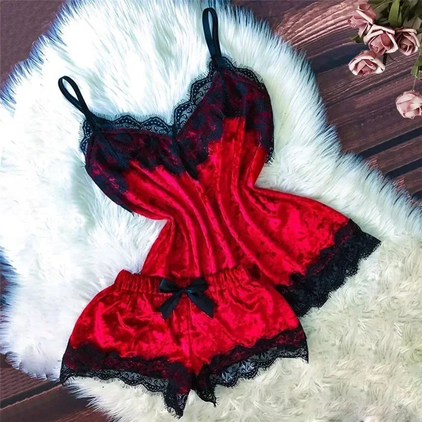 Été déshabillé en dentelle Sexy Satin pyjamas ensemble femmes chemise de nuit 2 pièces haut court et ensemble short et haut Homewear vêtements de détente