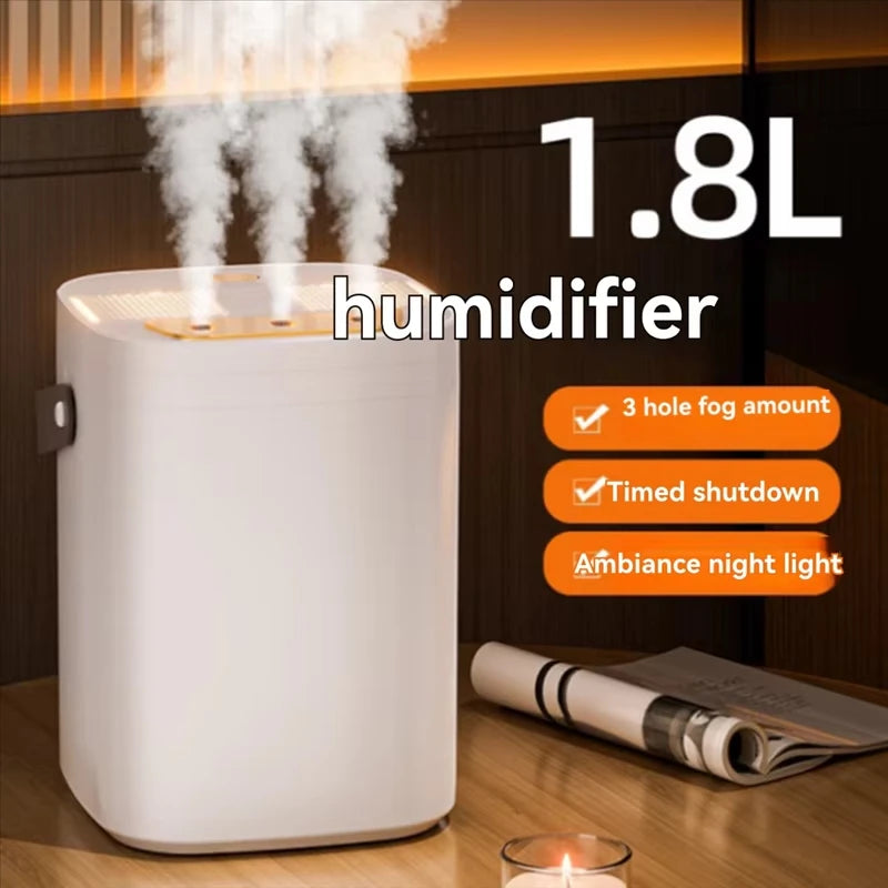 Humidificateur à trois buses 1,8 l, vaporisateur d'aromathérapie de grande capacité, diffuseur d'huile essentielle, veilleuse domestique, humidificateur d'air