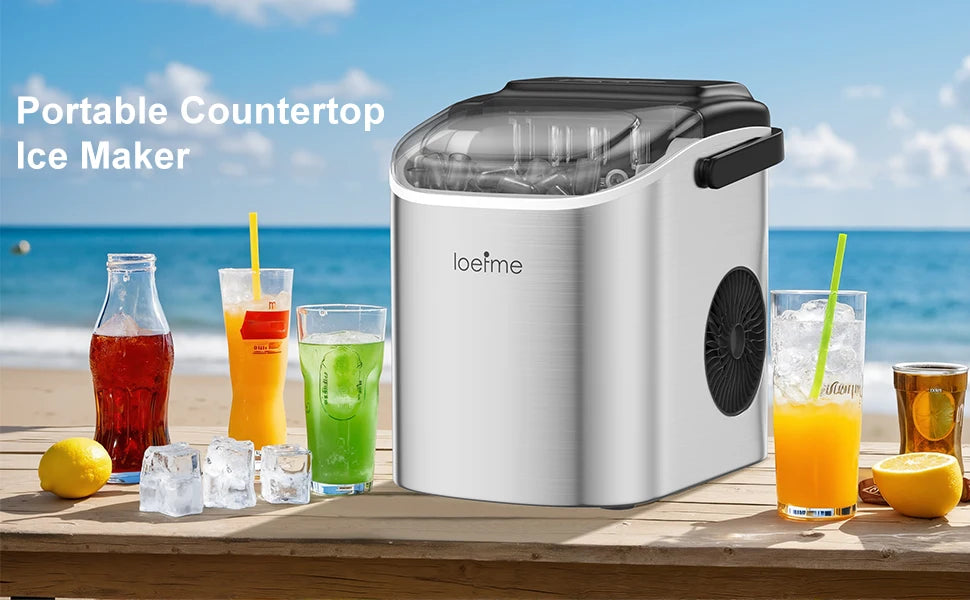 Machine à glaçons portable loefme sur table plage, glaçons et boissons fraîches, idéal pour été et extérieur