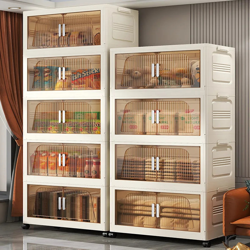 Armoires de rangement en plastique avec portes transparentes, idéales pour cuisine ou salon, rangement pratique et moderne