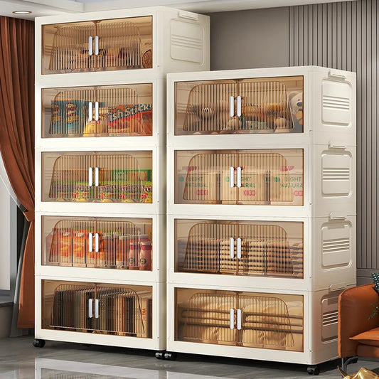Armoires de rangement en plastique avec portes transparentes, idéales pour cuisine ou salon, rangement pratique et moderne